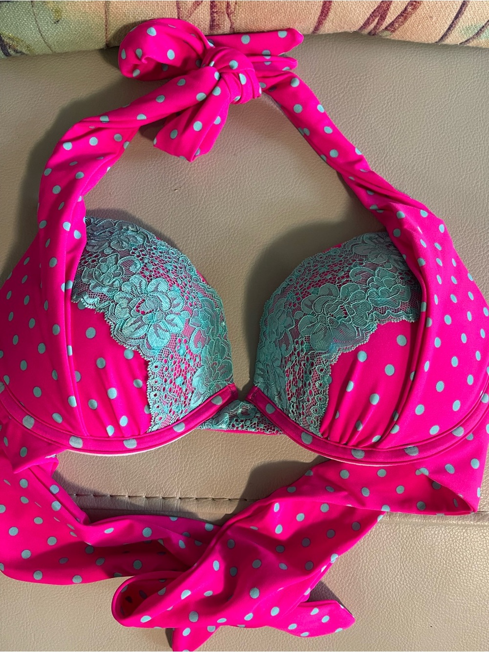 Beach Bunny Hot Pink & Mint Polka Dot Halter Bra
